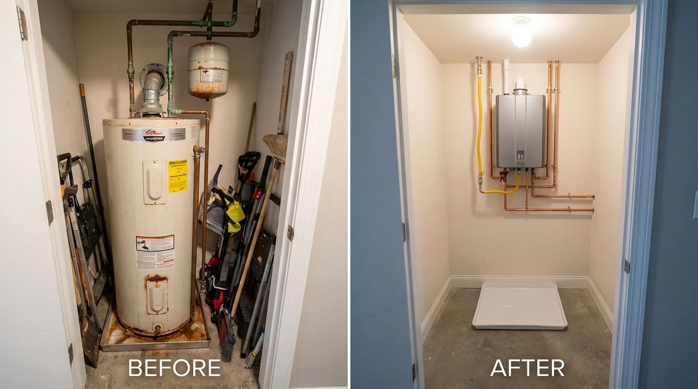 Tank water heater versus wall-mounted tankless unit comparison for Lincoln, MA homeowners