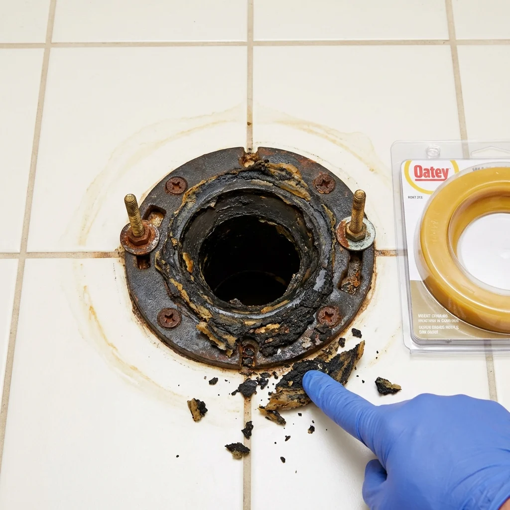 Failed wax ring showing water seepage at the base of a toilet in a Lincoln, MA home
