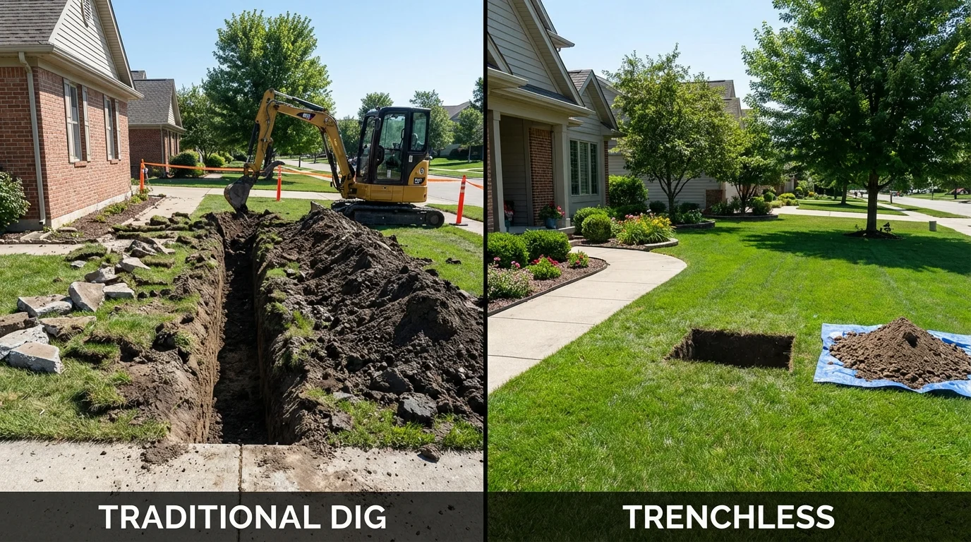 Trenchless sewer repair with minimal yard damage versus traditional excavation in Lincoln, MA