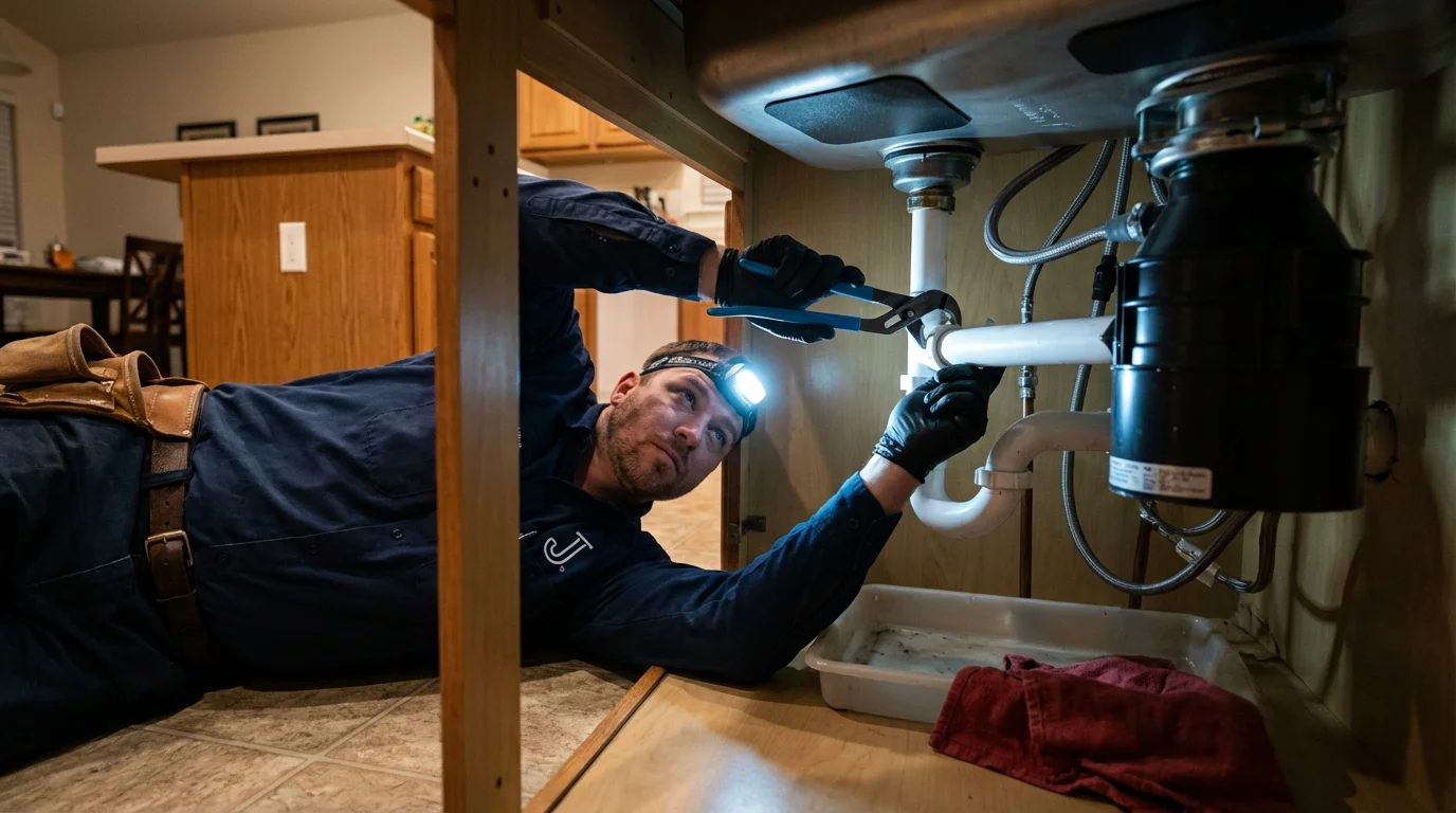 P-trap and supply line connections under a kitchen sink showing a common leak point in Lincoln, MA